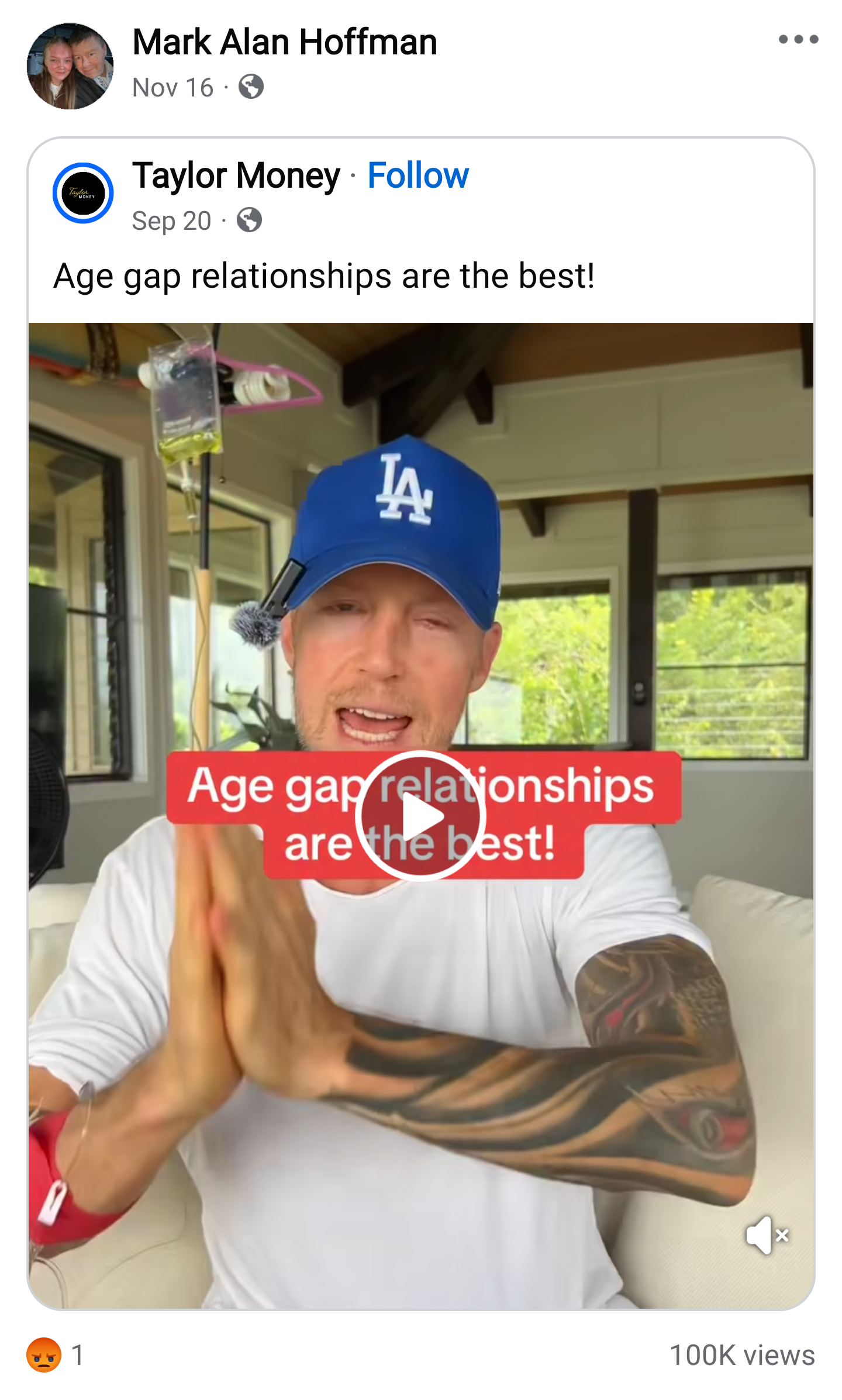 Screencap of a Facebook post by Taylor Money and shared by Mark Alan Hoffman, saying: “Age gap relationships are the best!”  Accompanying the post is a video with the same caption.