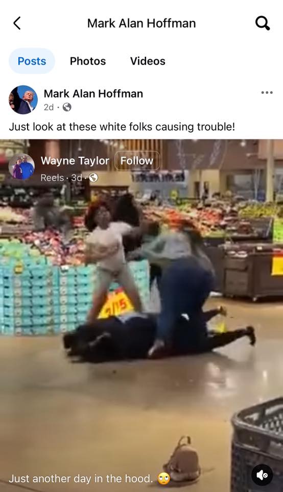 Screencap of a Facebook post by Mark Alan Hoffman saying: “Just look at these white folks causing trouble!”  Attached is a video of what appears to be at least two non-White people fighting in a supermarket.
