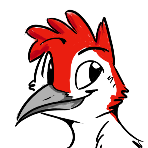 Headshot of Sterling, an anthropomorphic red-bellied woodpecker