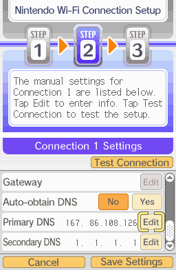 Nintendo DS Connection 1 settings