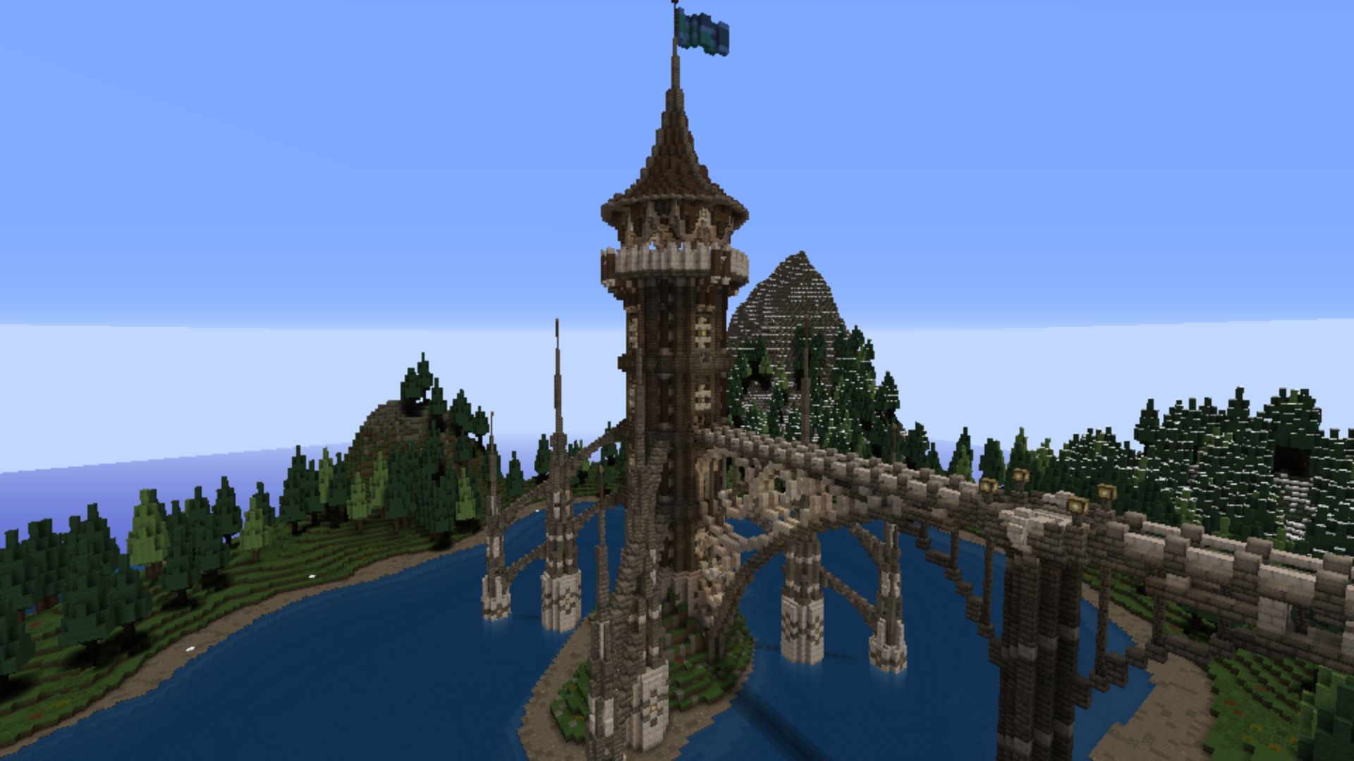 Tower and bridge built in a lake in Minecraft